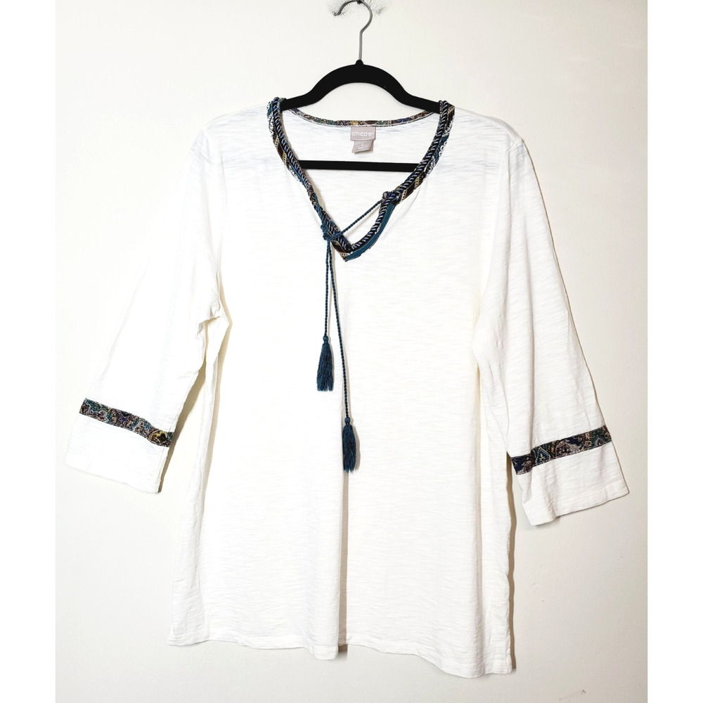 Chico's 2 Womens Large Peasant Top Long Sleeve IVORY‎ Tassels Cotton Modal